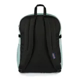 Mochila Jansport Main Campus color verde agua, con logo de la marca en la parte inferior y aplique de cuero sintético en la parte superior. Cuenta con múltiples compartimentos y bolsillos, correas acolchadas y asa de transporte superior.