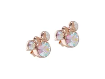 Par de aros tipo botón con forma de la silueta de Minnie Mouse, con cristales tornasolados y estructura de metal color oro rosa.