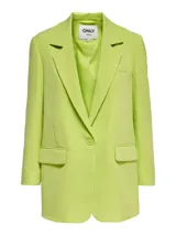 Blazer verde lima de corte oversize, con cuello de solapa, cierre de un botón y bolsillos delanteros con solapa.