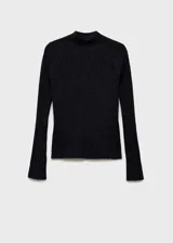 Jersey negro de punto canalé con cuello perkins, diseño entallado y manga larga.