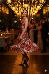 Vestido midi con estampado animal print y flores rojas, de breteles finos y corte al bies.