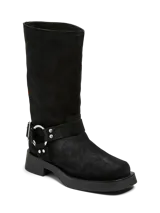 Botas biker de caña media color negro, de ante, con hebillas decorativas y suela de goma.