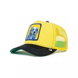 Gorra de camionero Goorin Bros color amarillo con paneles de malla y visera negra. Parche frontal con bordado de un perro Golden Retriever y la palabra "Loyal".