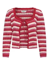 Cardigan de punto con cuello redondo, mangas largas y cierre con cordón. Diseño a rayas horizontales en tonos rojo, rosa y blanco.