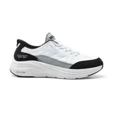Championes deportivos Skechers Hands Free Slip-ins Contour Foam Cozy Fit, color blanco con detalles en negro y gris. Diseño sin cordones con tecnología Heel Pillow y plantilla Air-Cooled Memory Foam.