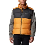 Chaleco acolchado Columbia Pike Lake II para hombre, color naranja y negro, con cierre frontal, cuello alto y bolsillos laterales con cierre.