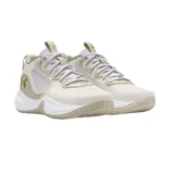 Championes de básquet Under Armour Lockdown 6, color blanco con detalles en negro y suela con diseño abstracto en blanco y negro.