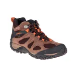 Bota de senderismo Merrell Yokota 2 Mid WP color marrón, con detalles en negro y naranja. Fabricada con gamuza y malla resistente a la abrasión, con membrana impermeable y suela de goma.