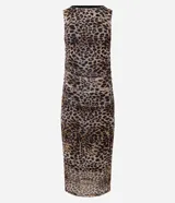 Vestido midi de tule con estampado animal print de leopardo, escote redondo y drapeado frontal.