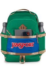 Mochila color verde con detalles en azul y cierre frontal, diseñada para uso diario.