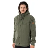 Campera verde con capucha, cierre con botones, cuatro bolsillos frontales y logo en la manga.