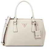 Bolso Guess modelo Grimball, color blanco con estampado del logo de la marca en relieve. Tiene doble asa de mano y correa bandolera ajustable y extraíble.