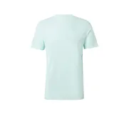 Remera de running color celeste con tres tiras blancas en las mangas y logo de Adidas en el pecho.