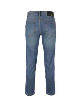 Pantalón de jean de corte recto, color azul oscuro, con cinco bolsillos y logo de CAT en la parte trasera.