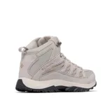 Bota de trekking de caña media Columbia Crestwood Mid Waterproof, color gris con detalles en rojo. Capellada de cuero, malla y cincha, con tecnología impermeable Omni-Tech.