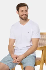 Short de baño clásico con rayas horizontales en tonos de azul, cintura elástica con cordón ajustable, dos bolsillos laterales y suspensor de malla fina.