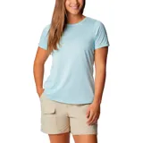 Remera deportiva Columbia color gris con estampado de líneas horizontales y logo de la marca en el pecho.