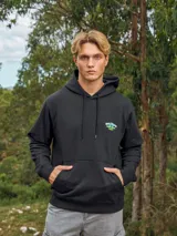 Hoodie negro con capucha y manga larga. Estampado en la espalda con un sol, una luna y el texto "Bronze Salon".