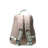 Mochila plegable de nylon color beige topo, con correas de hombro de cinta tejida color verde menta. Presenta un bolsillo frontal con cierre y un estampado bordado que dice "red lipstick and glossy brain" con un corazón rojo en el centro.