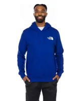 Buzo canguro azul con capucha y cordones ajustables. Logotipo de The North Face estampado en blanco en el pecho.