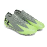 Championes de fútbol Under Armour Shadow Elite 3 FG, color gris con detalles en verde flúor y logo negro.