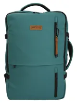 Mochila RKF color turquesa, fabricada con poliéster reciclado repelente al agua. Cuenta con tres compartimentos independientes con cierre, compartimento para laptop de 15 pulgadas, triple bolsillo frontal con cierre, mango lateral, correas ajustables, almohadillas en la espalda, pasador para maleta, broches laterales y forro interior 100% poliéster reciclado.