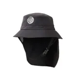 Sombrero negro tipo bucket con ala ancha, protección para el cuello y logo de Rip Curl estampado en el frente.