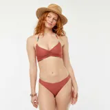 Conjunto de bikini de rayas verticales en tonos marrón, verde, naranja y amarillo. El corpiño es de triángulo con tirantes finos y la braguita es de corte clásico.