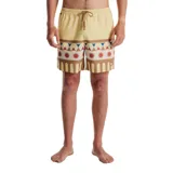 Short de baño amarillo claro con estampado de motivos geométricos en tonos marrón, rojo y azul.