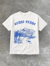 Remera blanca de algodón con estampado azul de la ciudad del Cerro de Montevideo.