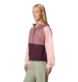 Campera Columbia Spire Valley Wind con capucha, color lila con bloques en azul y verde agua. Cuenta con tecnología termorreflectante Omni-Heat™ y repelente al agua Omni-Shield™.