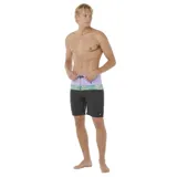 Short de baño Rip Curl Mirage Split Peak, con cintura lila, banda con diseño geométrico en amarillo y azul, y cuerpo negro.