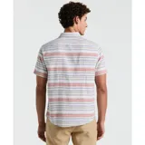 Camisa de manga corta con rayas horizontales en tonos blanco, rojo, azul y beige.