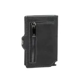 Billetera compacta de cuero gris con costuras blancas contrastantes. Presenta un bolsillo exterior con cierre vertical y un broche a presión lateral. Incluye un recorte en la parte inferior derecha que sugiere una función de abrebotellas.