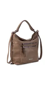 Cartera color marrón con opción de uso como mochila, con diseño práctico, bolsillo al frente y atrás para fácil acceso. División interna en el medio para organizar tus pertenencias, ideal para uso diario, compacta y funcional.