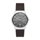 Reloj Skagen modelo Sundby con caja de titanio gris, esfera gris con indicador de fecha y correa de cuero marrón.