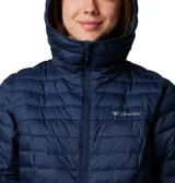 Campera puffer Columbia Silver Falls II Hood para mujer, color azul marino, con capucha y cierre frontal. Cuenta con tecnología Omni-Shield que repele la humedad y Thermarator que mantiene el calor.