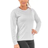 Remera deportiva negra de manga larga con protección UV50+ y logo blanco en el pecho.