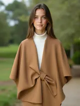 Poncho color camel con cuello en V y lazo decorativo en la parte delantera.
