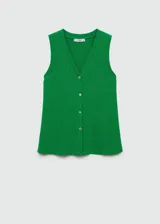 Chaleco tejido de crochet color verde lima, con escote en pico, diseño recto y cierre frontal con botones.