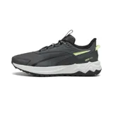 Championes Puma Extend Lite Trail color gris oscuro con detalles en verde flúor, ideales para trail running.