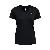 Remera deportiva Under Armour Tech SSV Solid para mujer, color negro, con cuello en V y logo estampado en el pecho.