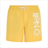 Short de baño amarillo con logo O'Neill estampado en blanco en la pierna izquierda.