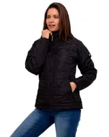 Campera acolchada negra para mujer, marca CAT, resistente al agua y al viento, con cuello alto y cierre frontal.