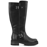 Bota bucanera negra de cuero sintético, con caña alta, hebillas decorativas y suela track.