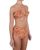 Calzón de bikini tiro alto con estampado floral en tonos naranja, amarillo y marrón.