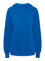 Buzo canguro azul con capucha y cordones ajustables.