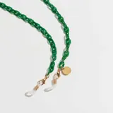 Correa para lentes de acrílico verde con eslabones pequeños y terminales dorados.