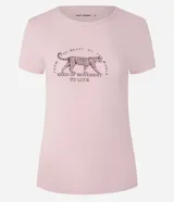 Remera deportiva rosada de microfibra con cuello redondo y mangas cortas. Estampado frontal con un jaguar y la frase "Need of Movement to Live".