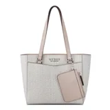 Cartera tote Guess modelo Lockwood, tamaño pequeño, con estampado del logo de la marca en tonos beige y detalles en rosa pálido. Incluye llavero colgante con monedero extraíble.